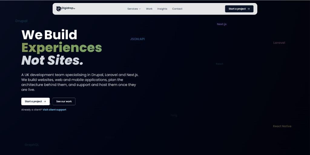 Digidrop.io homepage hero: We Build Experiences. Not Sites.