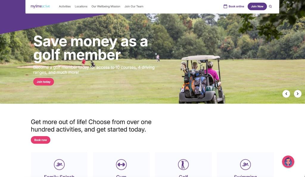 Mytime Active homepage with golf membership hero and activity cards